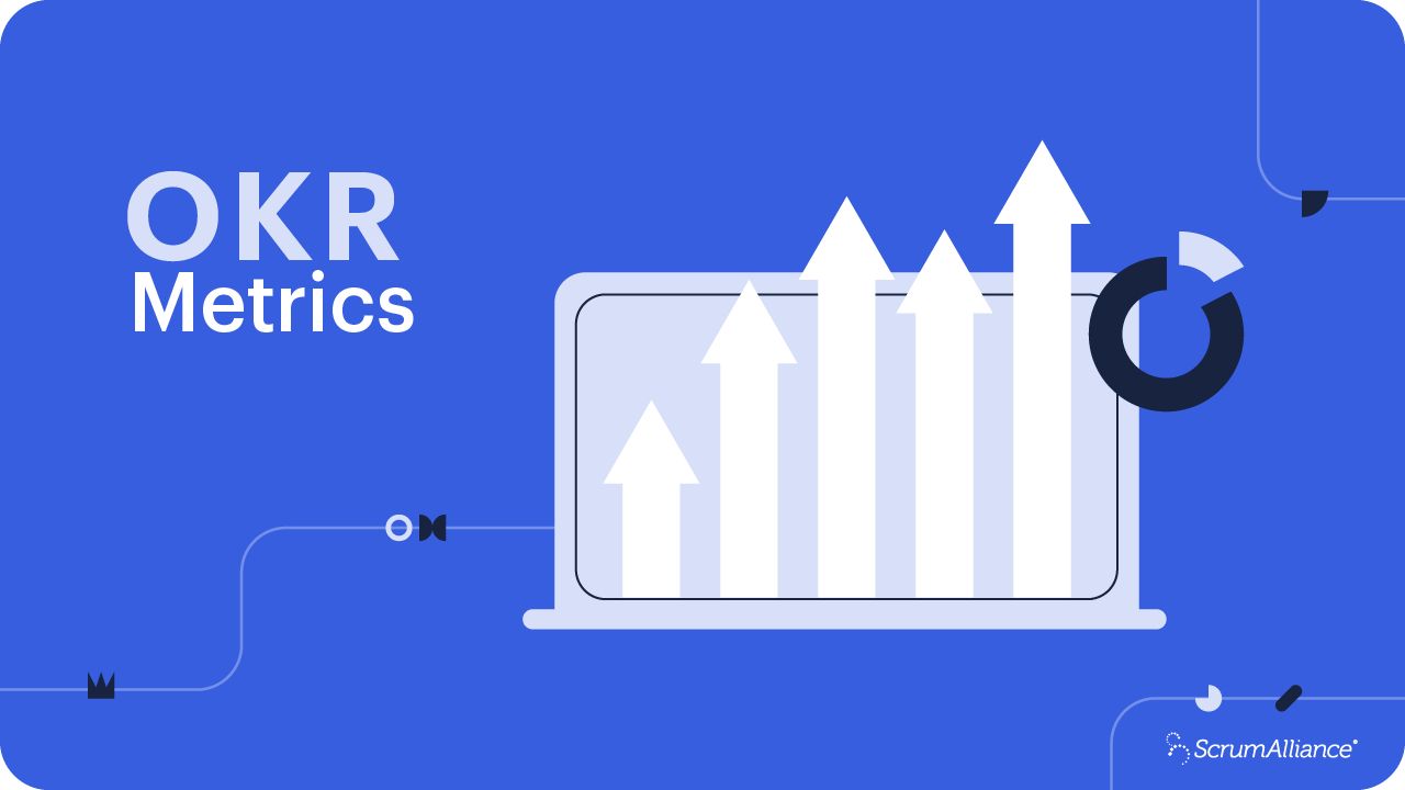 A blue background and an illustration of a bar graph showing the concept of OKR metrics